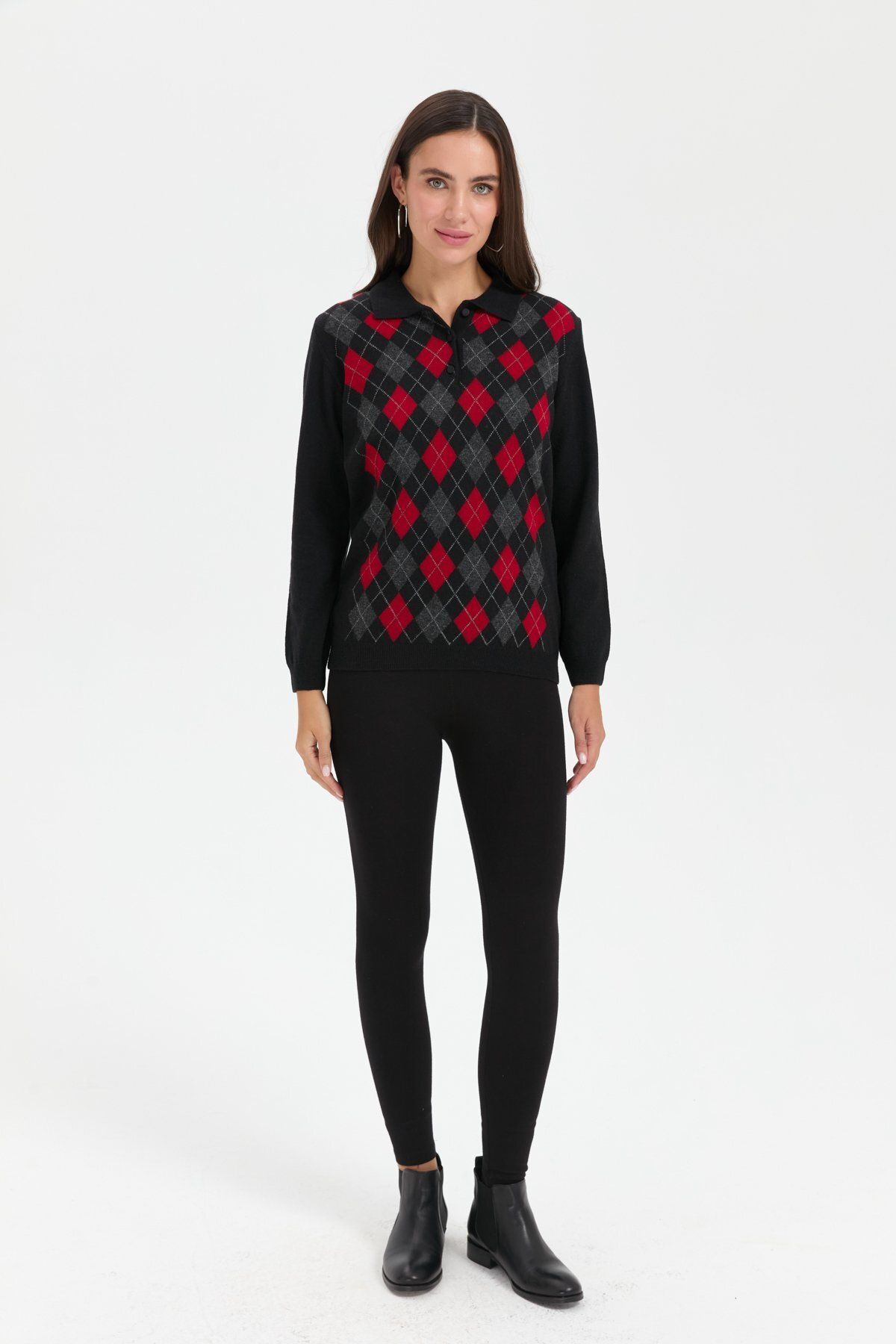 Desen Kadın Kazak - Polo Yaka Uzun Kol Minimalist Argyle Desen