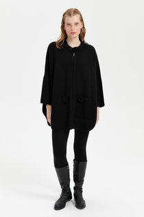 Desen Kadın Oversize Midi Panço - Fermuarlı, Örgü Detaylı