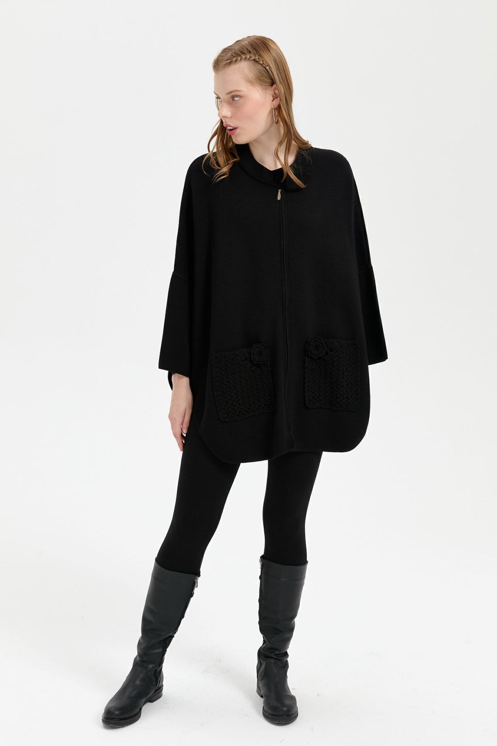 Desen Kadın Oversize Midi Panço - Fermuarlı, Örgü Detaylı