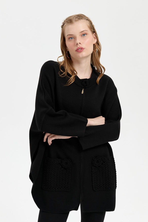 Desen Kadın Oversize Midi Panço - Fermuarlı, Örgü Detaylı