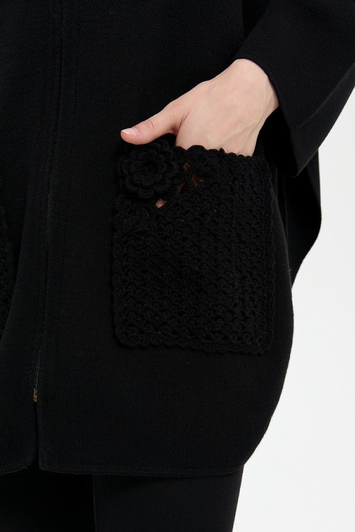 Desen Kadın Oversize Midi Panço - Fermuarlı, Örgü Detaylı