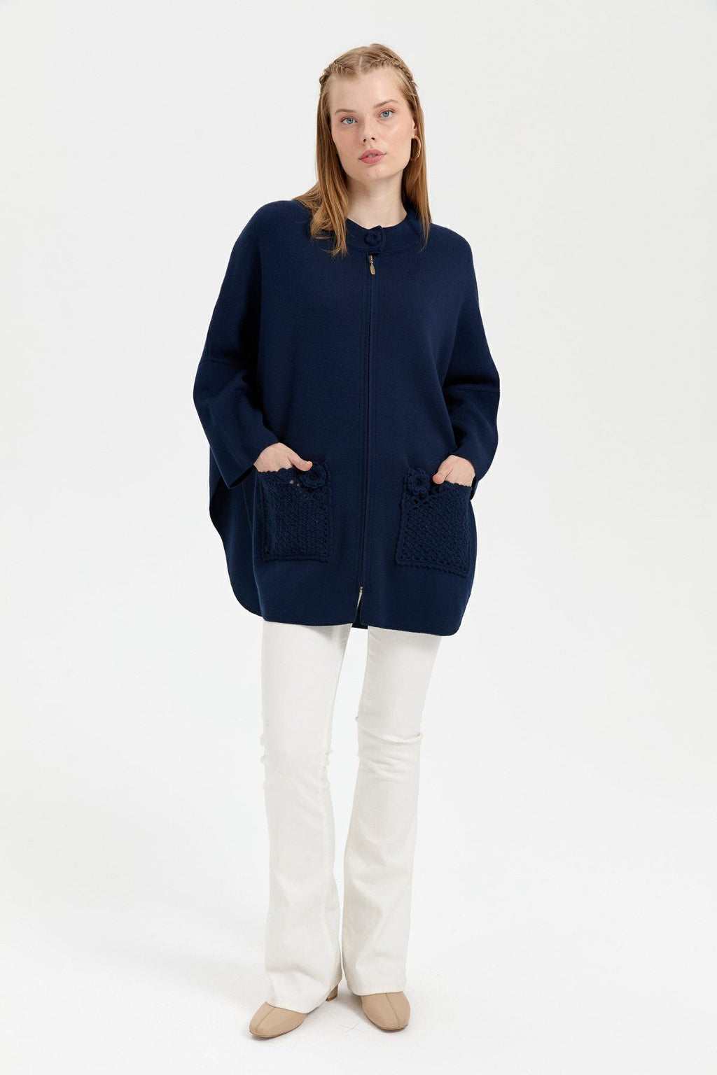 Desen Kadın Oversize Midi Panço - Fermuarlı, Örgü Detaylı