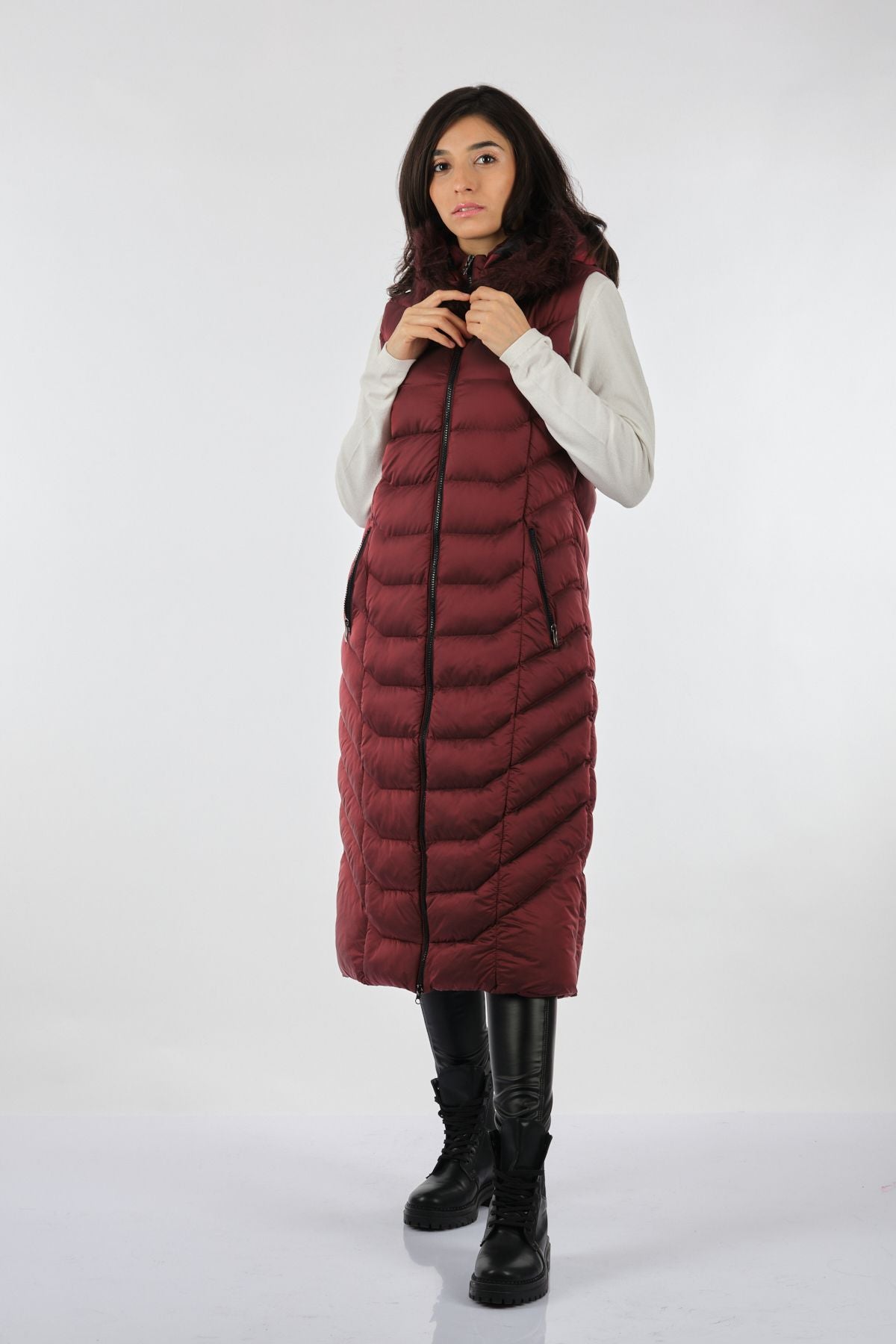 Desen Kapüşonlu Oversize Midi Uzun Kadın Yelek - Kışlık Translation missing: tr.content.product_image_main