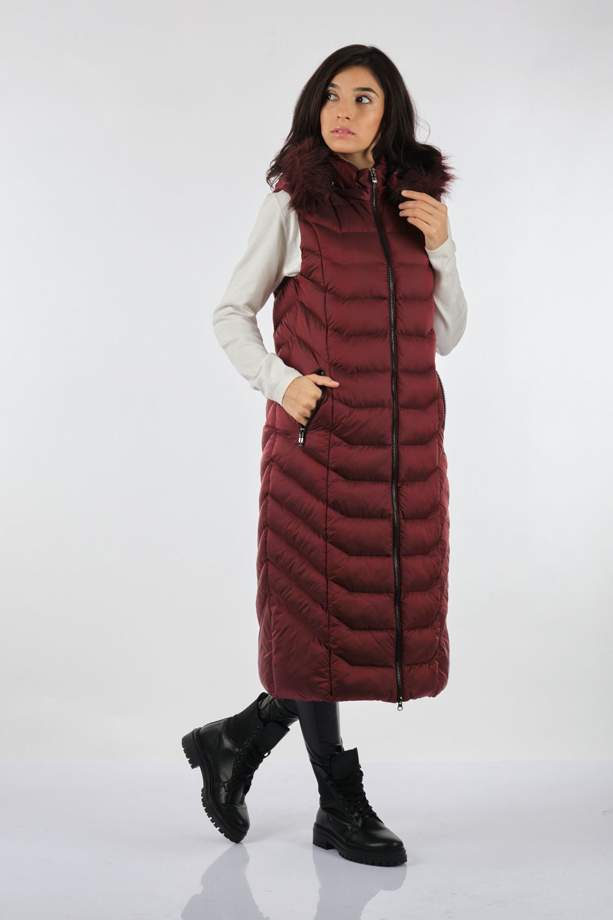 Desen Kapüşonlu Oversize Midi Uzun Kadın Yelek - Kışlık Translation missing: tr.content.product_image_secondary