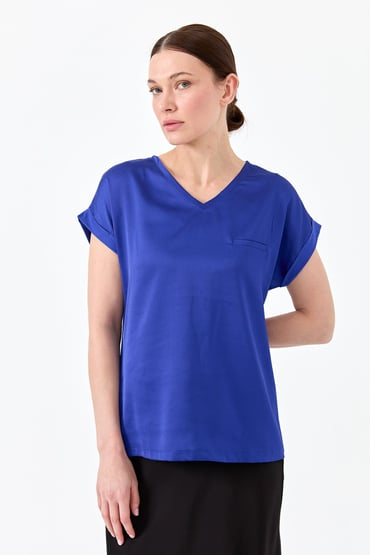 Desen Minimalist V Yaka Kısa Kol Oversize Kadın Bluz - Günlük Şıklık Ana görsel