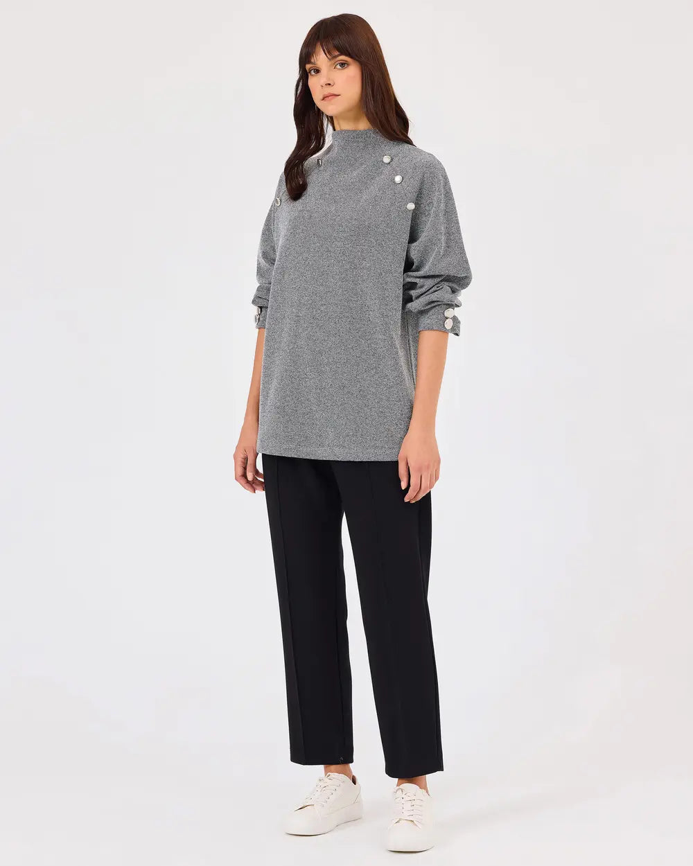 dik yaka düğme detaylı sweatshirt Scl