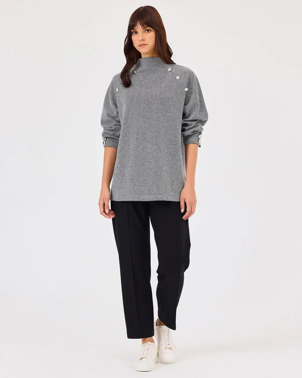 dik yaka düğme detaylı sweatshirt Scl