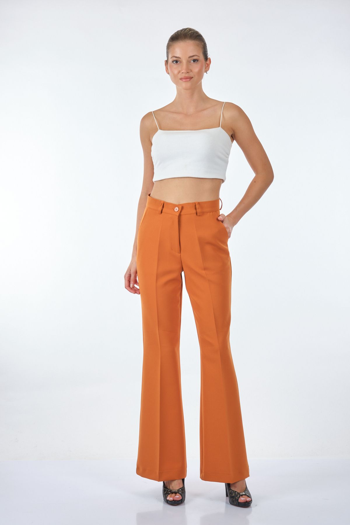 Doop Yüksek Bel Midi Çan Pantolon - Vintage Stil - Günlük & Ofis