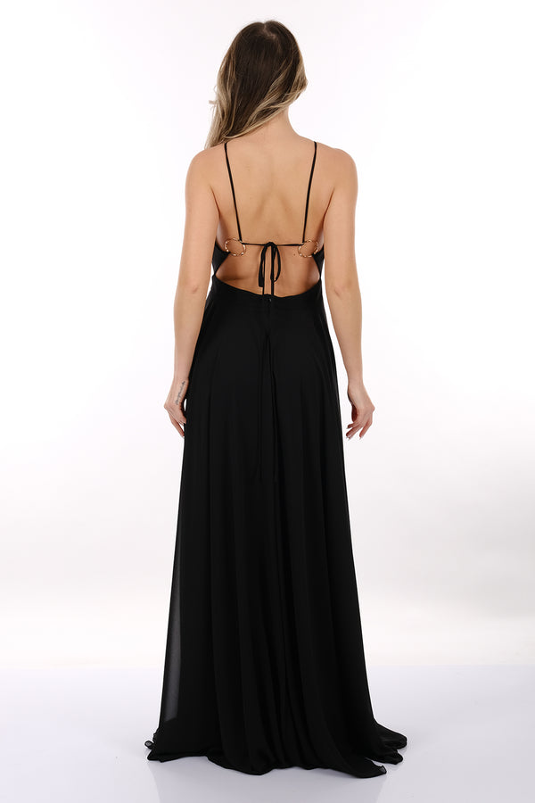 DORİDORCA Halter Yaka Sırt Detaylı Şifon Kumaş Maxi Boy Kadın Abiye Elbise 2246060