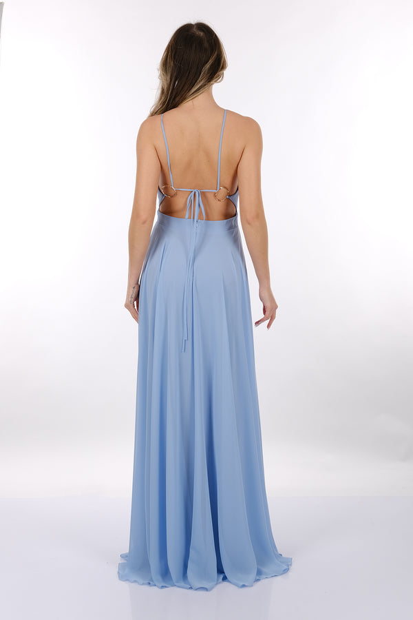 DORİDORCA Halter Yaka Sırt Detaylı Şifon Kumaş Maxi Boy Kadın Abiye Elbise 2246060