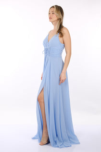 DORİDORCA İp Askılı V Yaka Önden Yırtmaçlı Şifon Maxi Boy Kadın Abiye 2246073