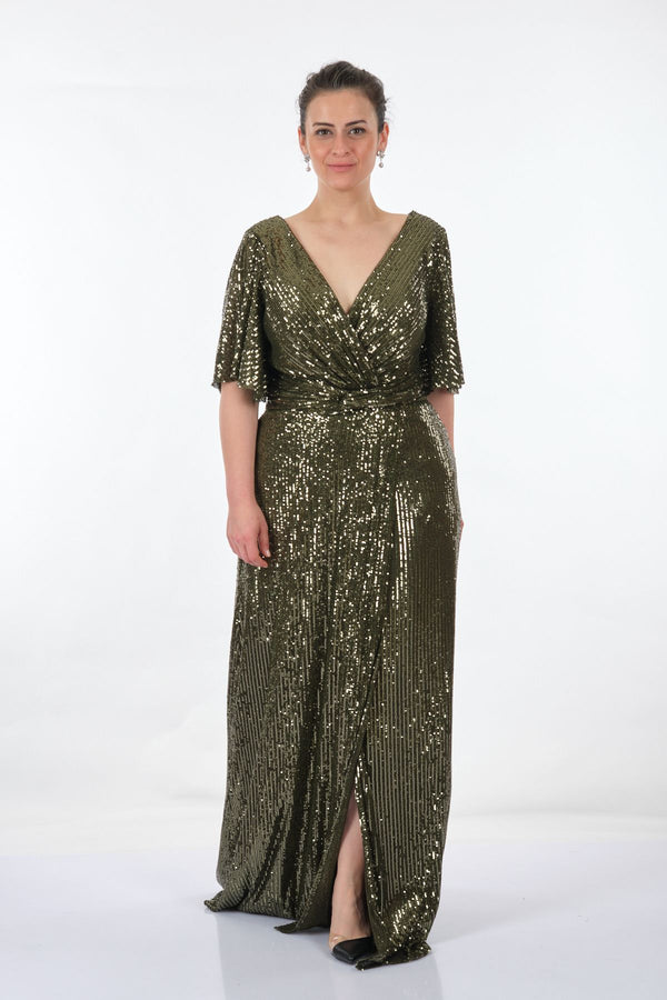DORİDORCA Büyük Beden Kruvaze Yaka Payetli Yırtmaçlı Kadın Abiye 231BB5041