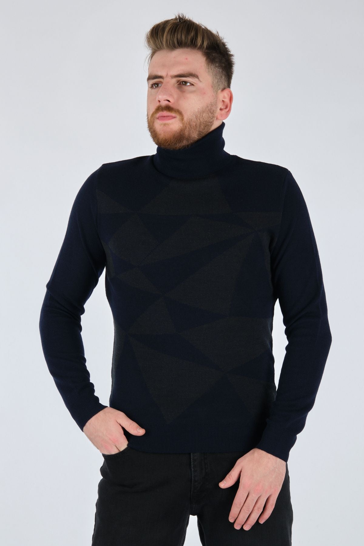 Ecer Erkek Triko Kazak - Geometrik Desen - Uzun Kol - Minimalist