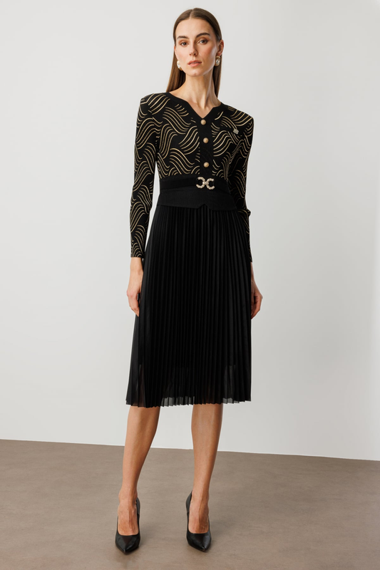 Ekol Beli Metal Aksesuarlı Desenli Elbise