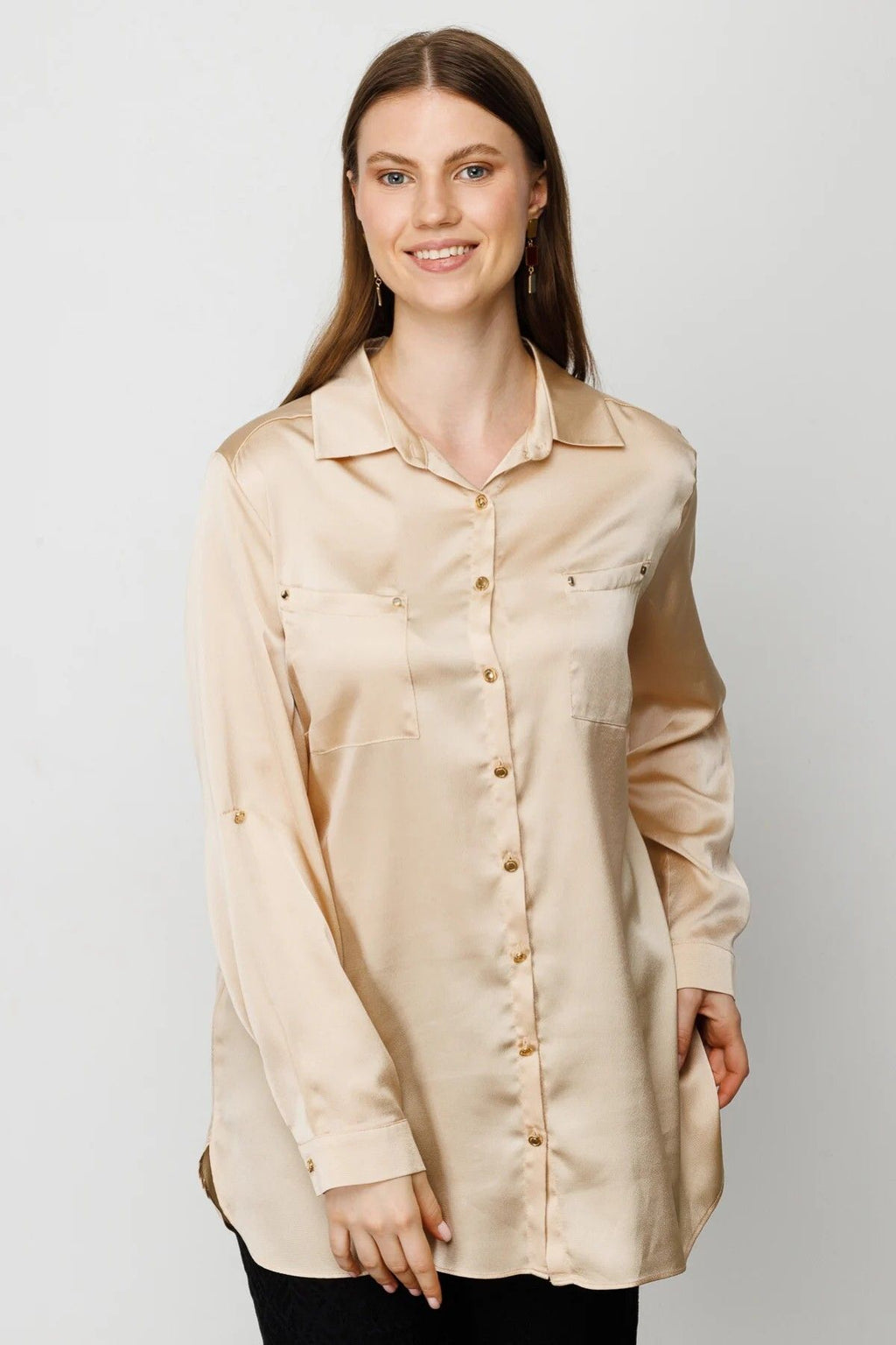 Ekol Oversize Uzun Kol Saten Gömlek Bluz - Minimalist Şıklık