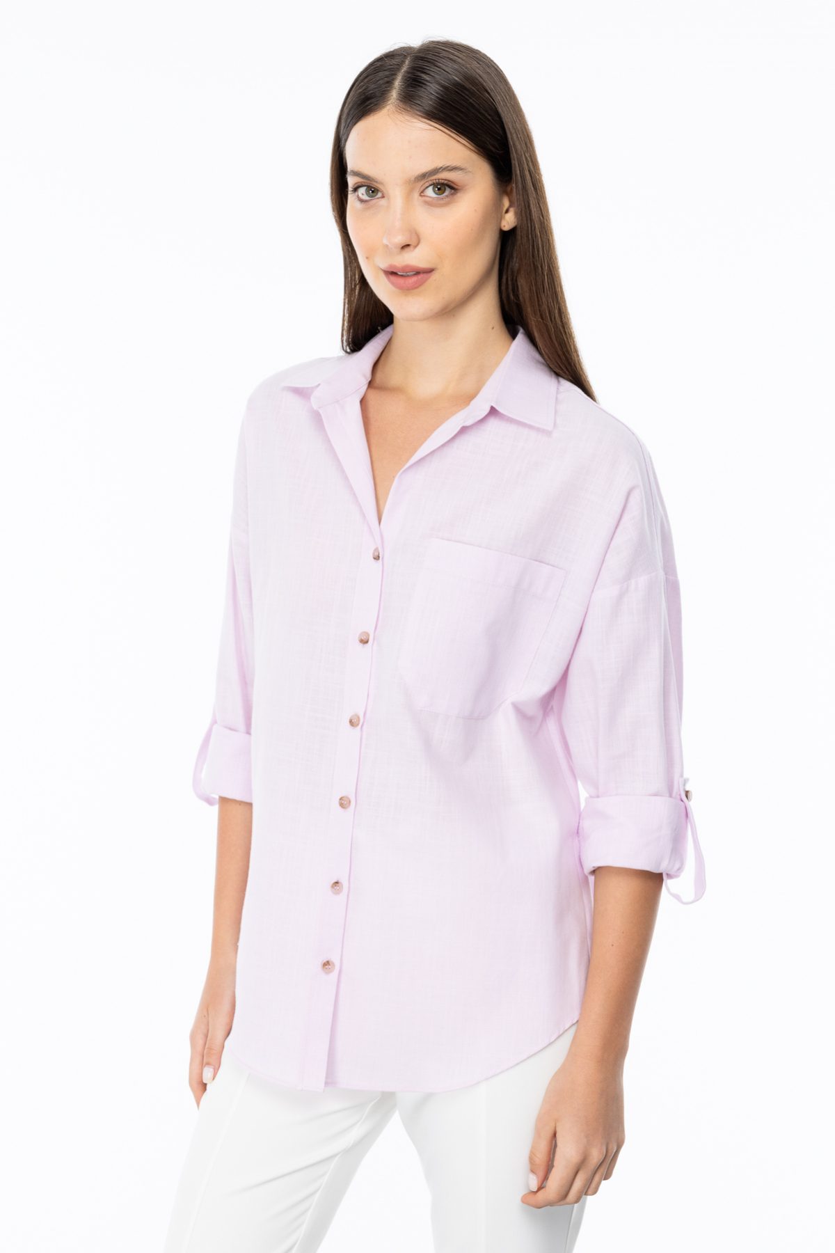 Ekol Oversize Gömlek Yaka 3/4 Kol Kadın Bluz - Minimalist Tarz