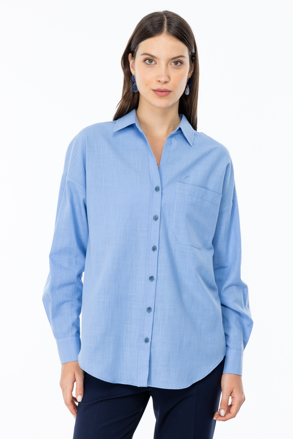 Ekol Oversize Gömlek Yaka 3/4 Kol Kadın Bluz - Minimalist Tarz