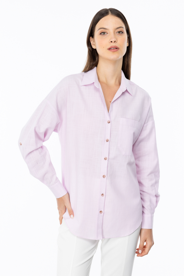 Ekol Oversize Gömlek Yaka 3/4 Kol Kadın Bluz - Minimalist Tarz