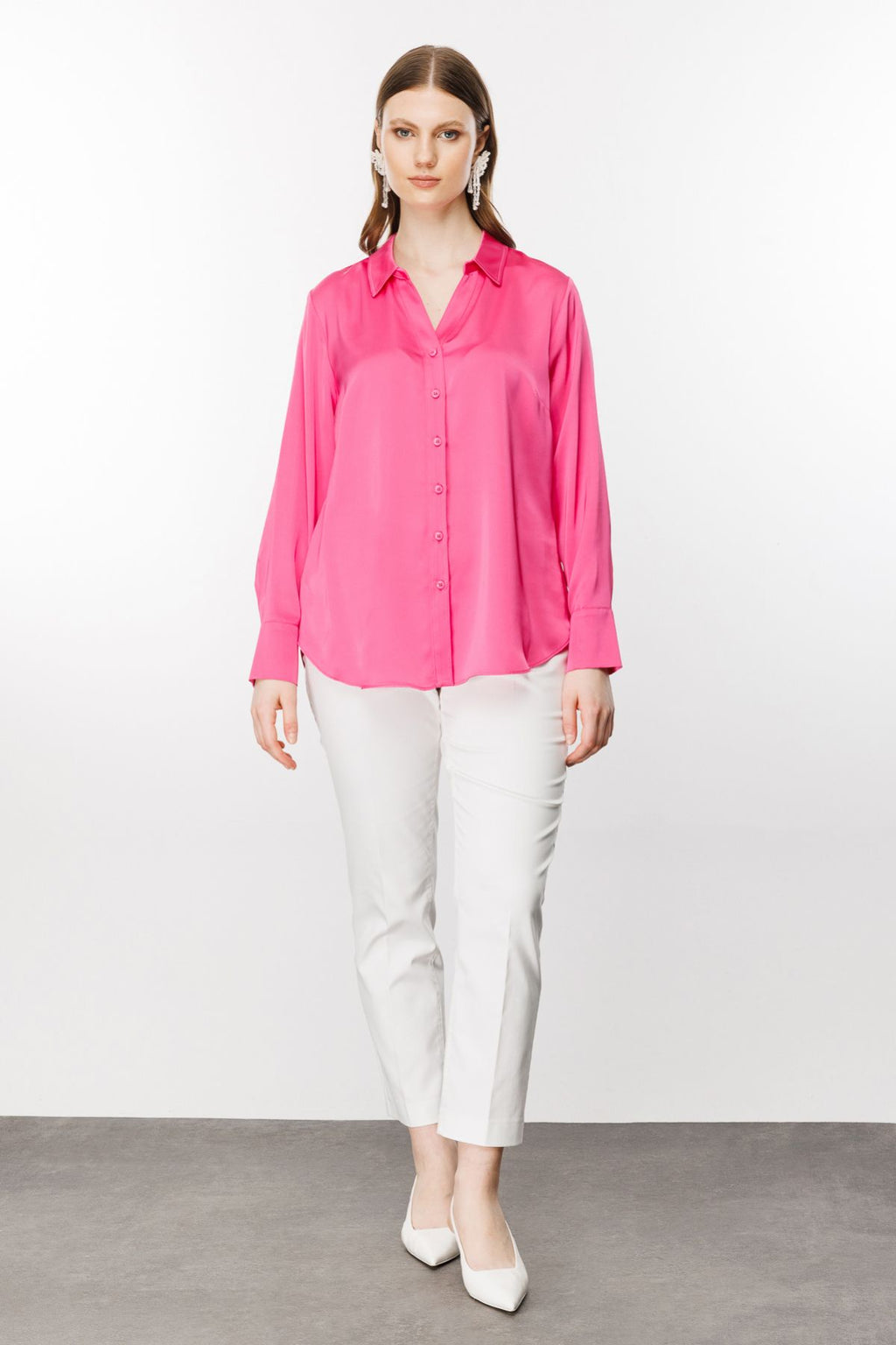 Ekol Oversize Minimalist Uzun Kol Saten Bluz - Gömlek Yaka