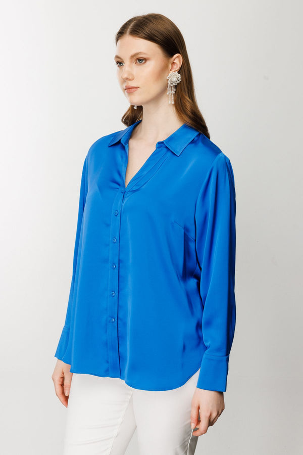 Ekol Oversize Minimalist Uzun Kol Saten Bluz - Gömlek Yaka