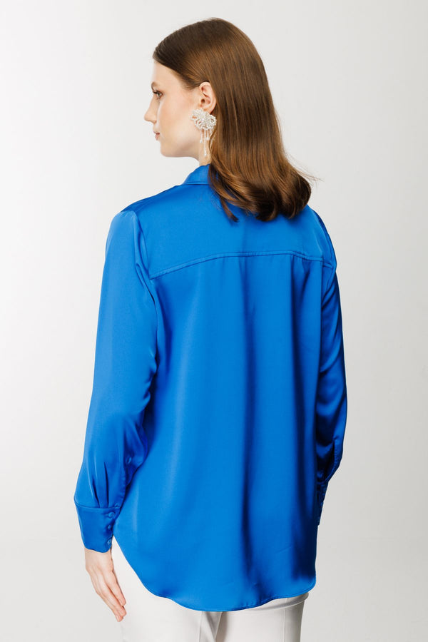 Ekol Oversize Minimalist Uzun Kol Saten Bluz - Gömlek Yaka