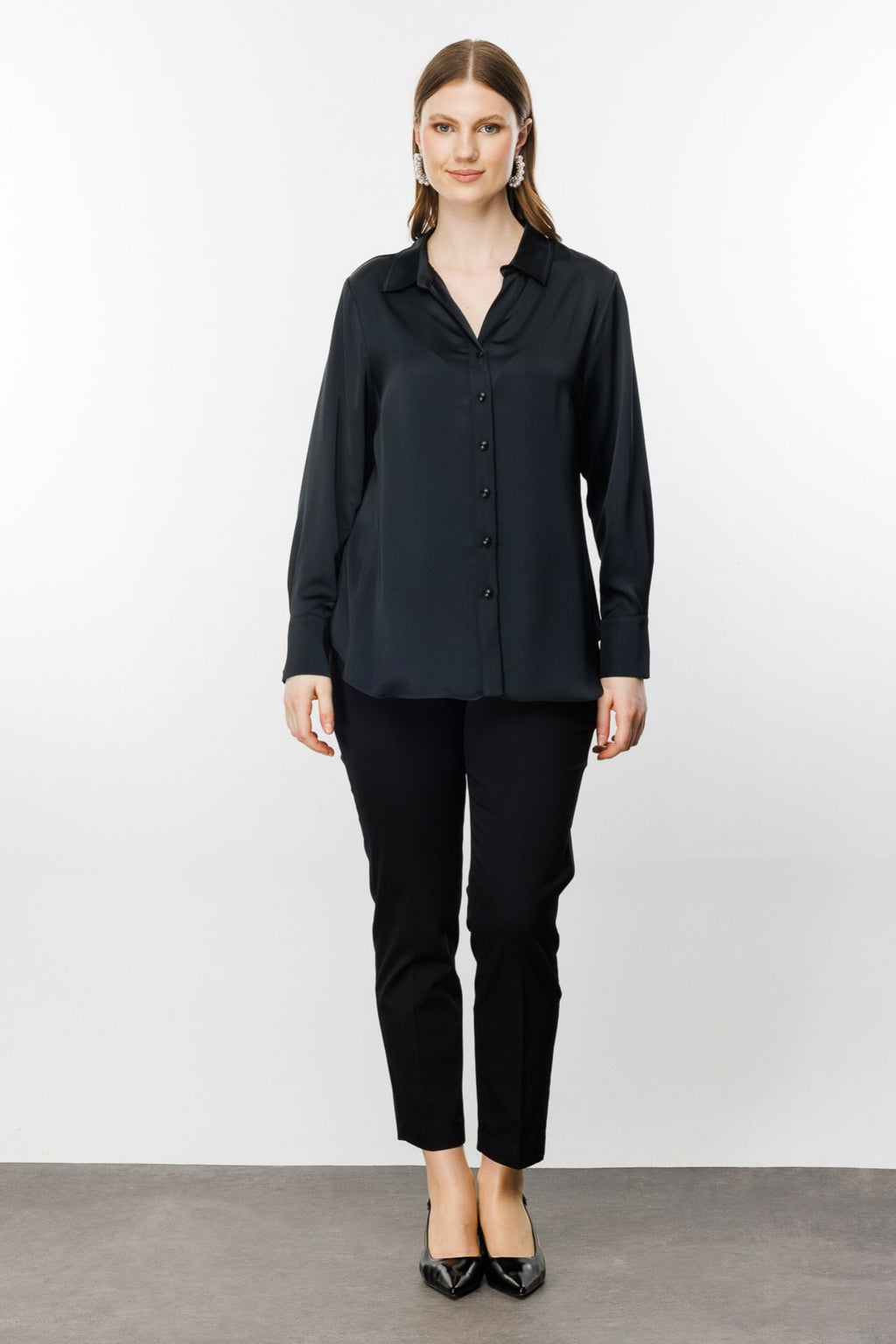 Ekol Oversize Minimalist Uzun Kol Saten Bluz - Gömlek Yaka