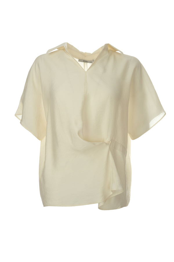 Ekol Oversize Kısa Kol V Yaka Saten Bluz - Minimalist Tarz