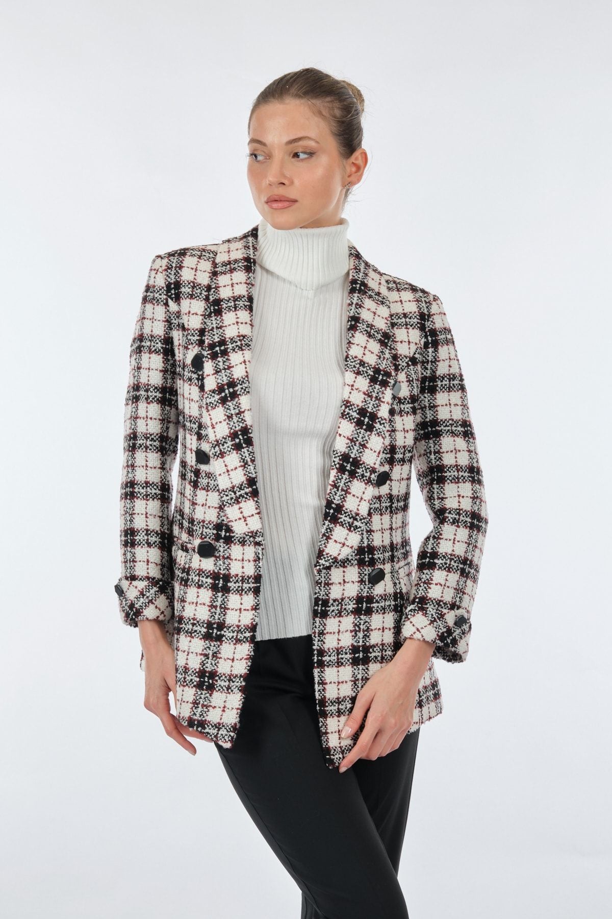 Ekol Kadın Kareli Midi Blazer Ceket - Şık ve Rahat Translation missing: tr.content.product_image_secondary