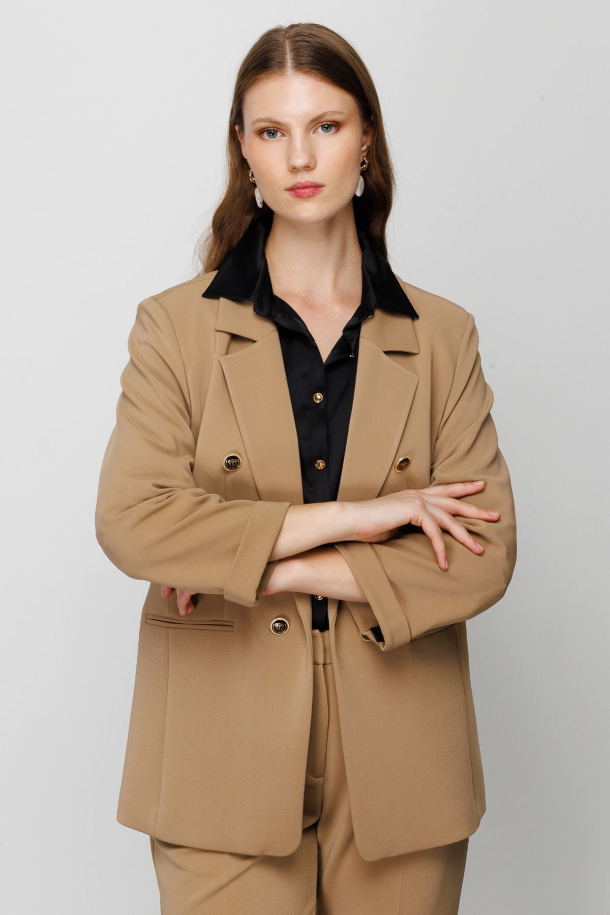Ekol Minimalist Oversize Kadın Ceket - Çift Düğmeli