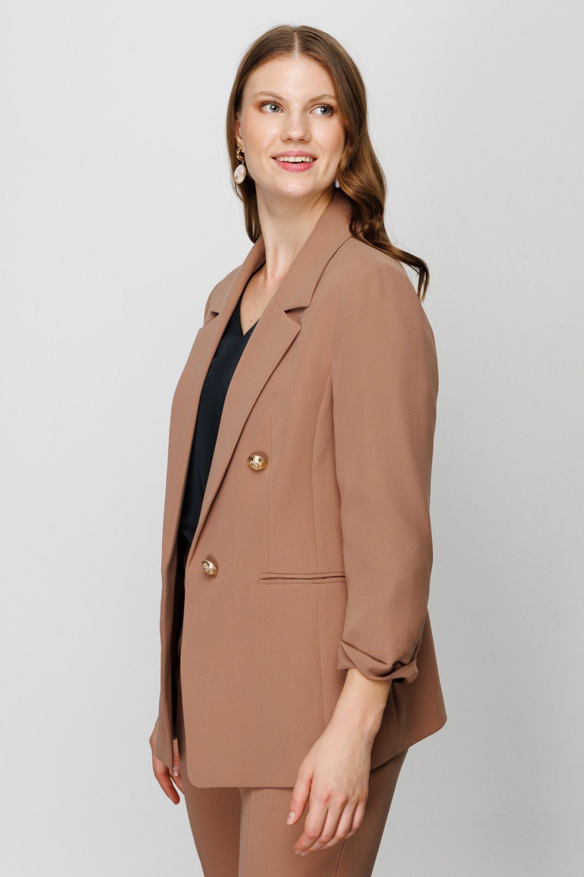 Ekol Minimalist 3/4 Kol Çift Düğmeli Kadın Blazer Ceket - Günlük & Ofis