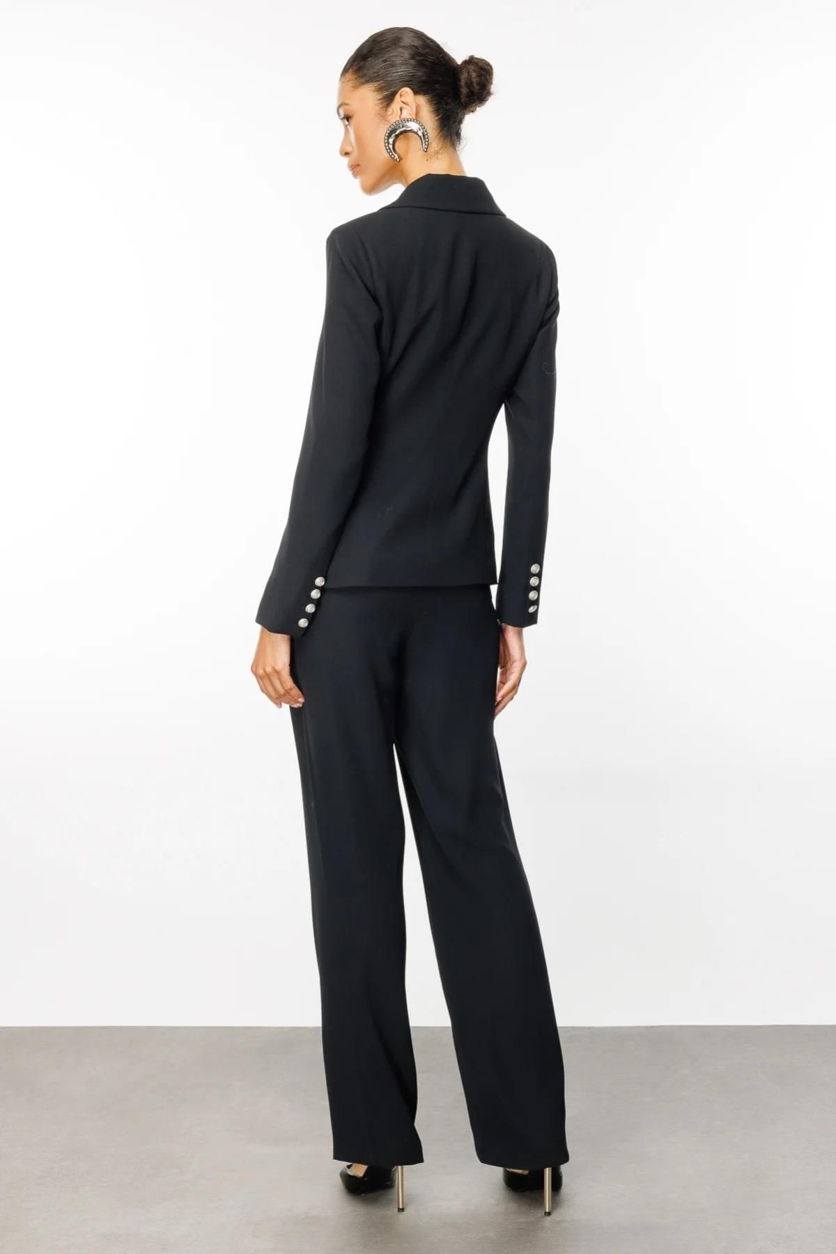 Ekol Minimalist Çift Düğmeli Uzun Kollu Kadın Blazer Ceket - İş & Günlük