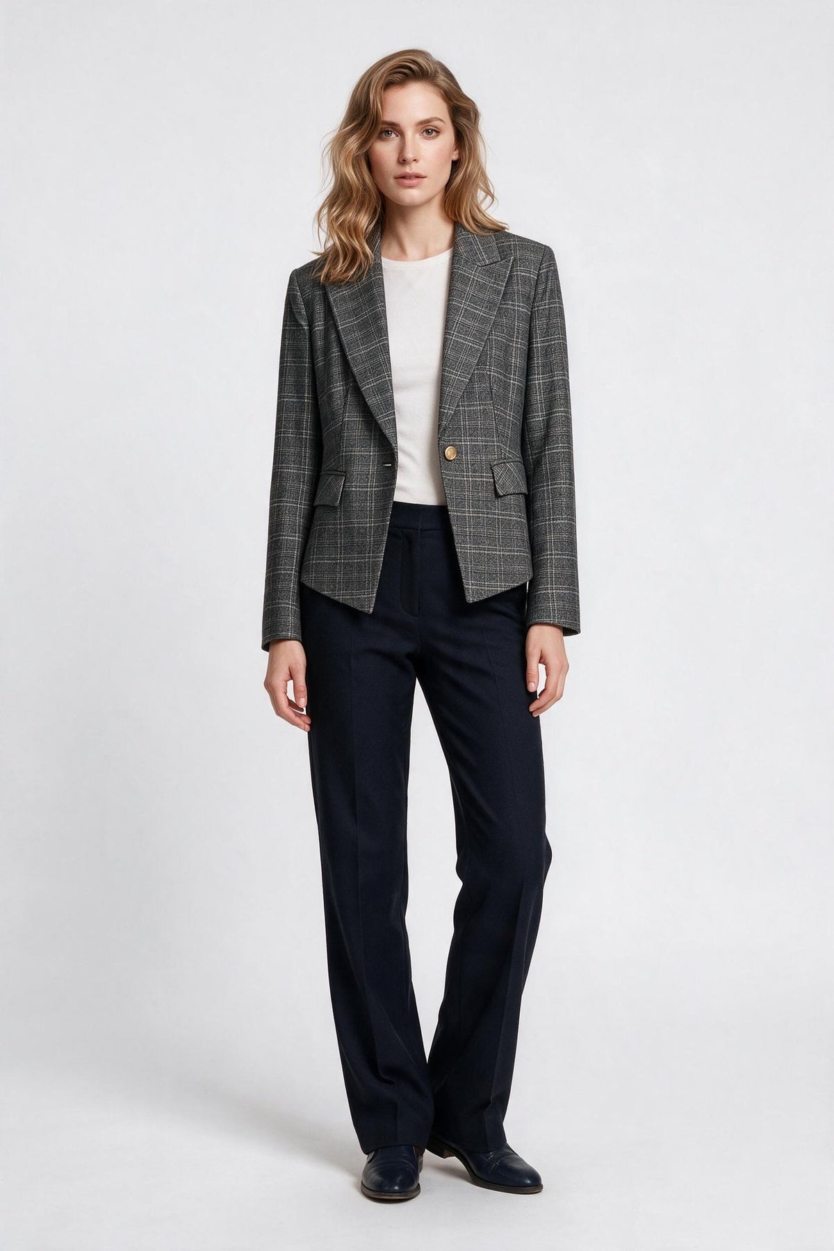 Ekol Kadın Ekose Desenli Çentikli Yaka Tek Düğmeli Blazer Ceket
