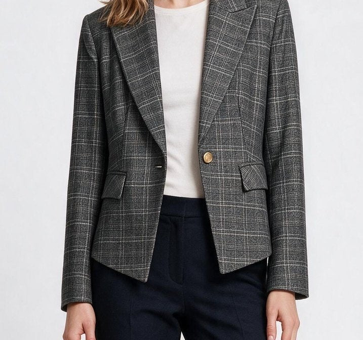 Ekol Kadın Ekose Desenli Çentikli Yaka Tek Düğmeli Blazer Ceket