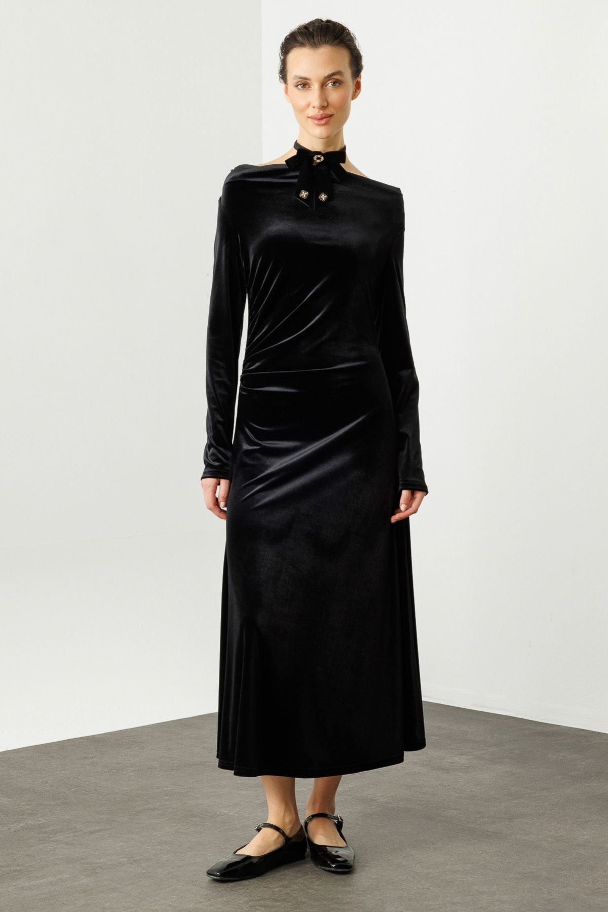 Ekol Midi Kadife Elbise - Uzun Kol, Minimalist, Özel Gün Translation missing: tr.content.product_image_main