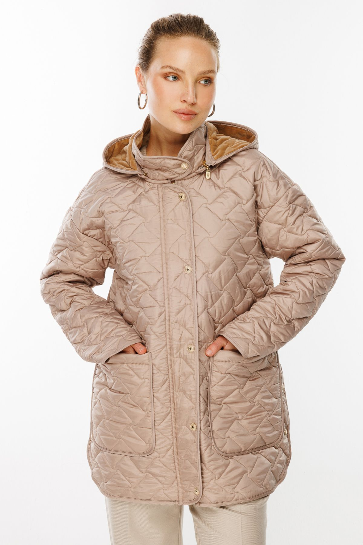 Ekol Kadın Oversize Kapüşonlu Midi Mont - Günlük Şıklık Translation missing: tr.content.product_image_main