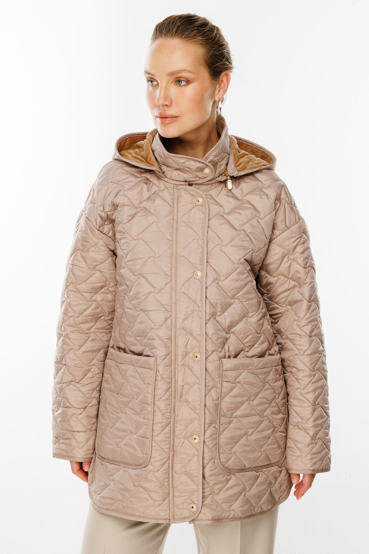 Ekol Kadın Oversize Kapüşonlu Midi Mont - Günlük Şıklık Translation missing: tr.content.product_image_secondary