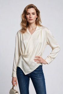 Ekol Kadın Kruvaze Yaka Saten Dokulu Uzun Kollu Bluz