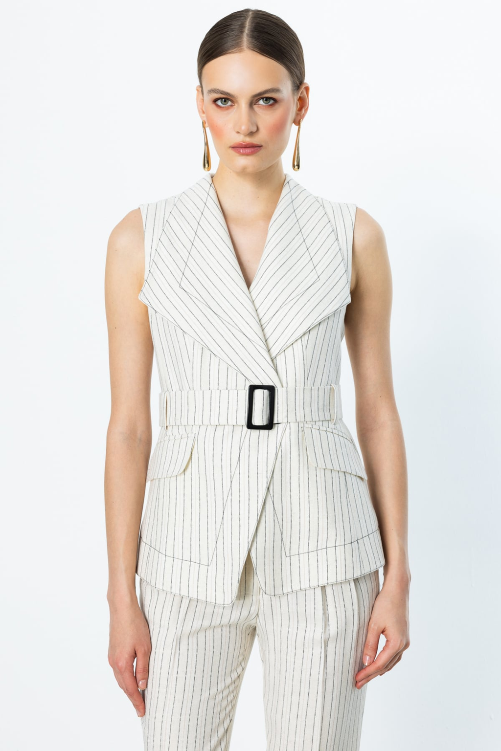 Ekol Minimalist Çizgili Kemerli Kolsuz Crop Yelek Kadın