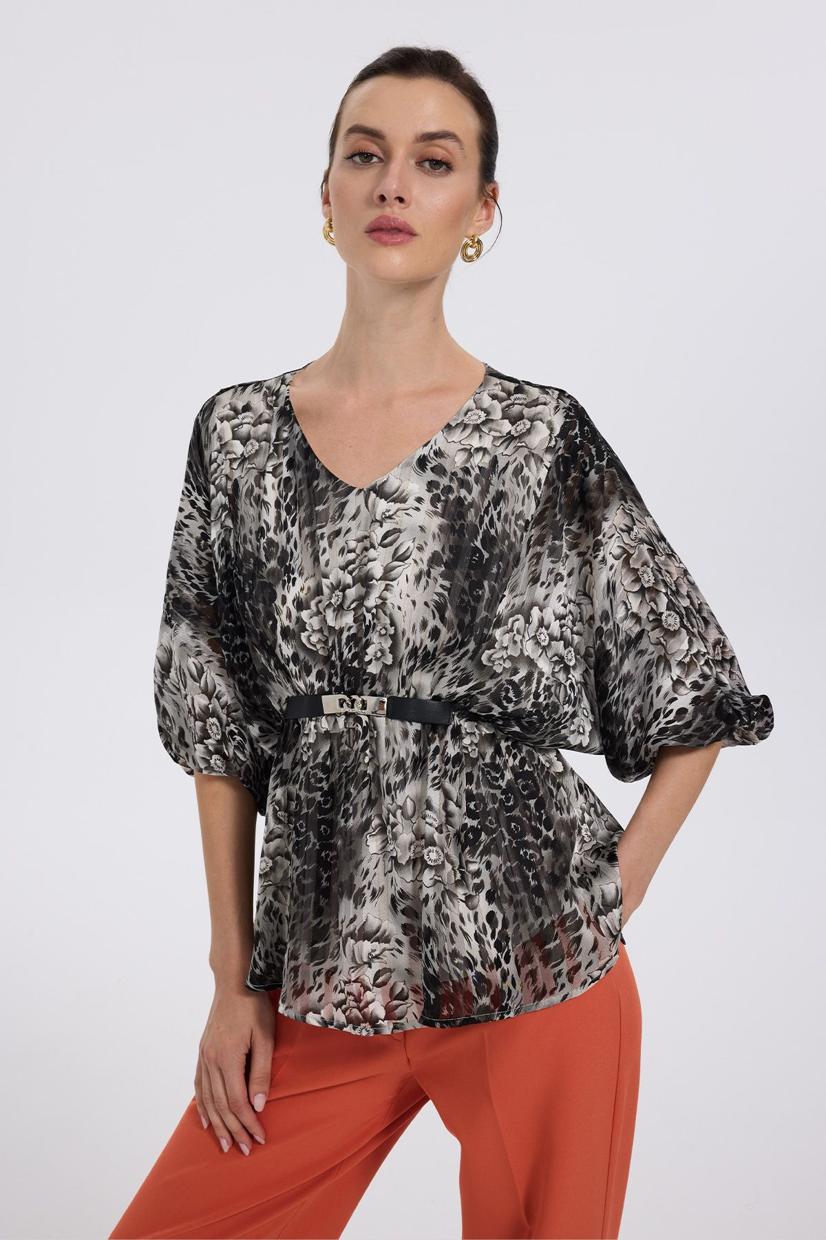 Ekol Oversize V Yaka Desenli Şifon Bluz - 3/4 Kol İkincil görsel