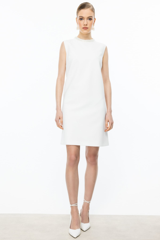 Ekol Sıfır Yaka Kolsuz Yakası Taş Detaylı Mini Özel Gün Kadın Elbise 25YEKL05018