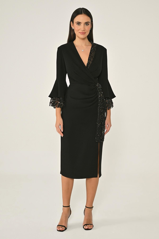 V Yaka Bocuklu Kumaş Detaylı Krep Midi Abiye Elbise Alfa Beta