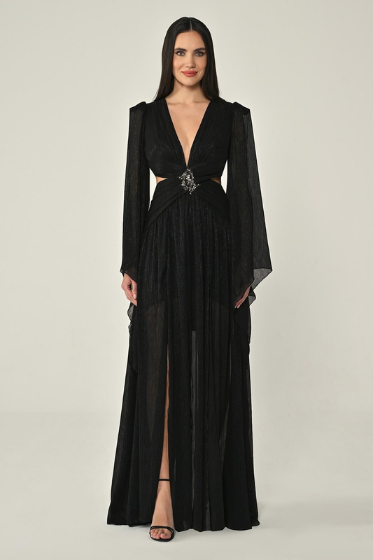 V Yaka Bel Sırt Dekolteli Önü Broşlu Şifon Uzun Elbise Abiye Alfa Beta