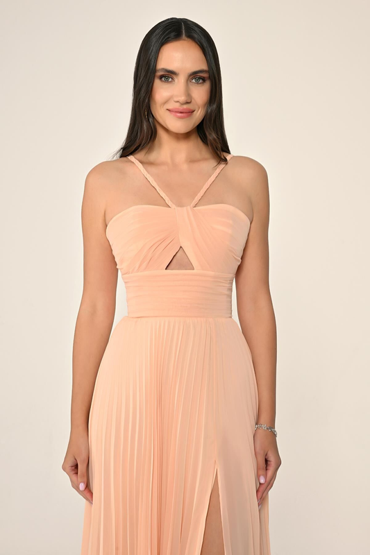 Örgü Askılı Pileli Şifon Uzun Abiye Elbise Alfa Beta