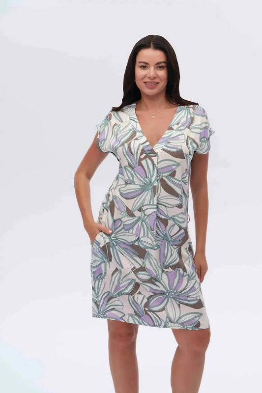 Canel V Yaka Kısa Kol Midi Çiçek Desenli Elbise - Günlük Şık