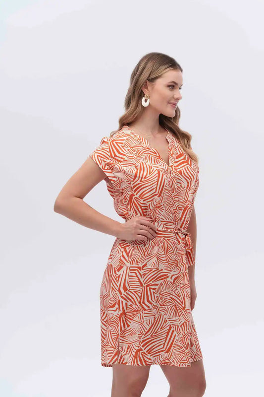 Canel Kısa Kol V Yaka Midi Elbise - Minimalist Desen - Günlük Kullanım