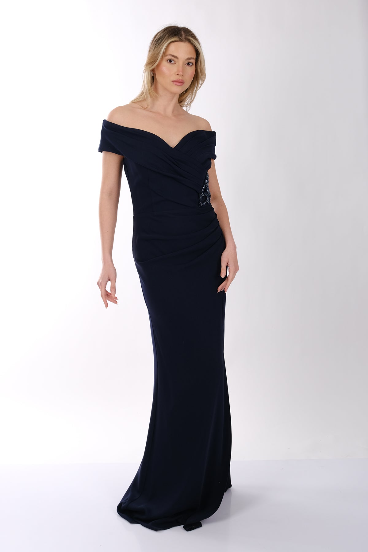 DORİDORCA Brokol Kumaş Madonna Yaka Balık Kesim Abiye Elbise