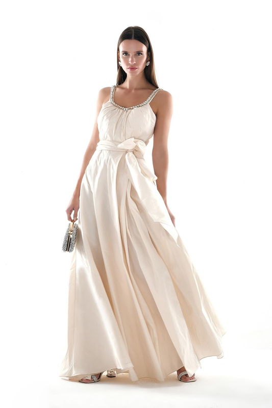 Tafta Yakası Taş İşlemeli Yırtmaçlı Abiye Elbise Explosion