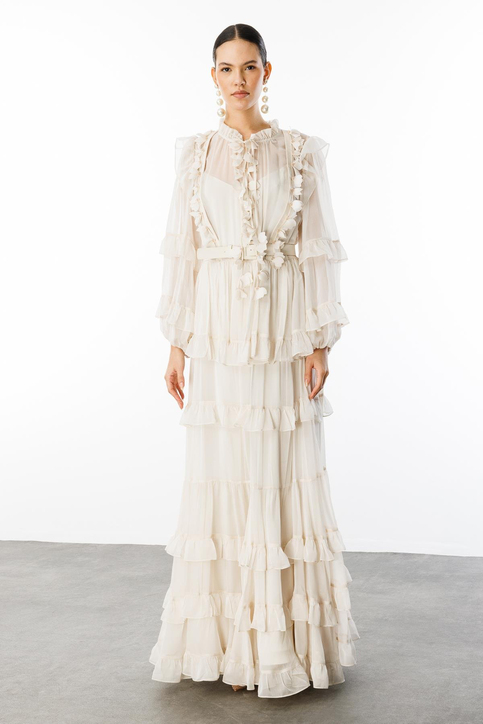 Yaka Volan Detaylı Maxi Boy Şifon Elbise Nefeli