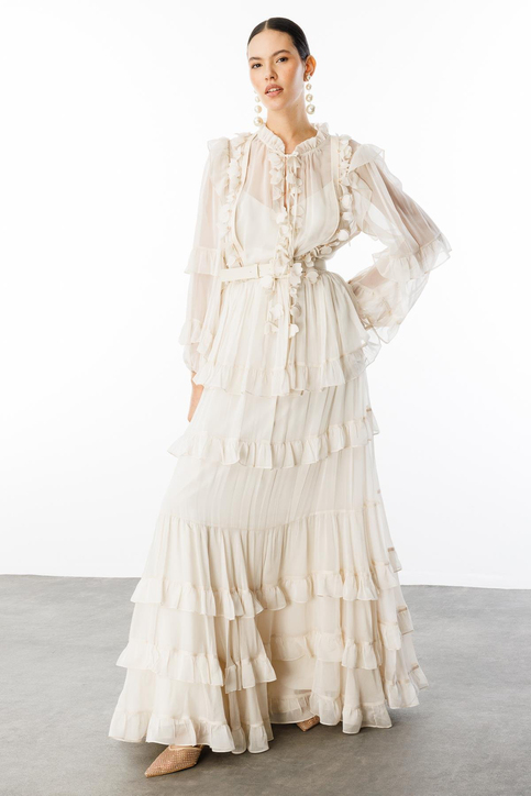 Yaka Volan Detaylı Maxi Boy Şifon Elbise Nefeli