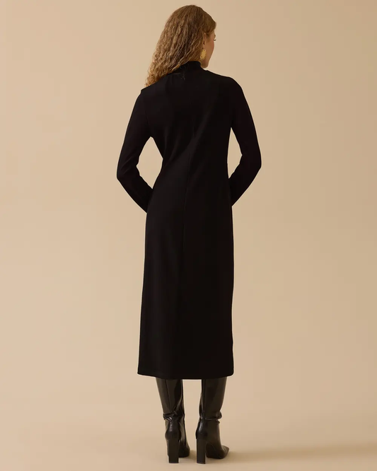 dik yaka bağlama detaylı midi elbise Seçil